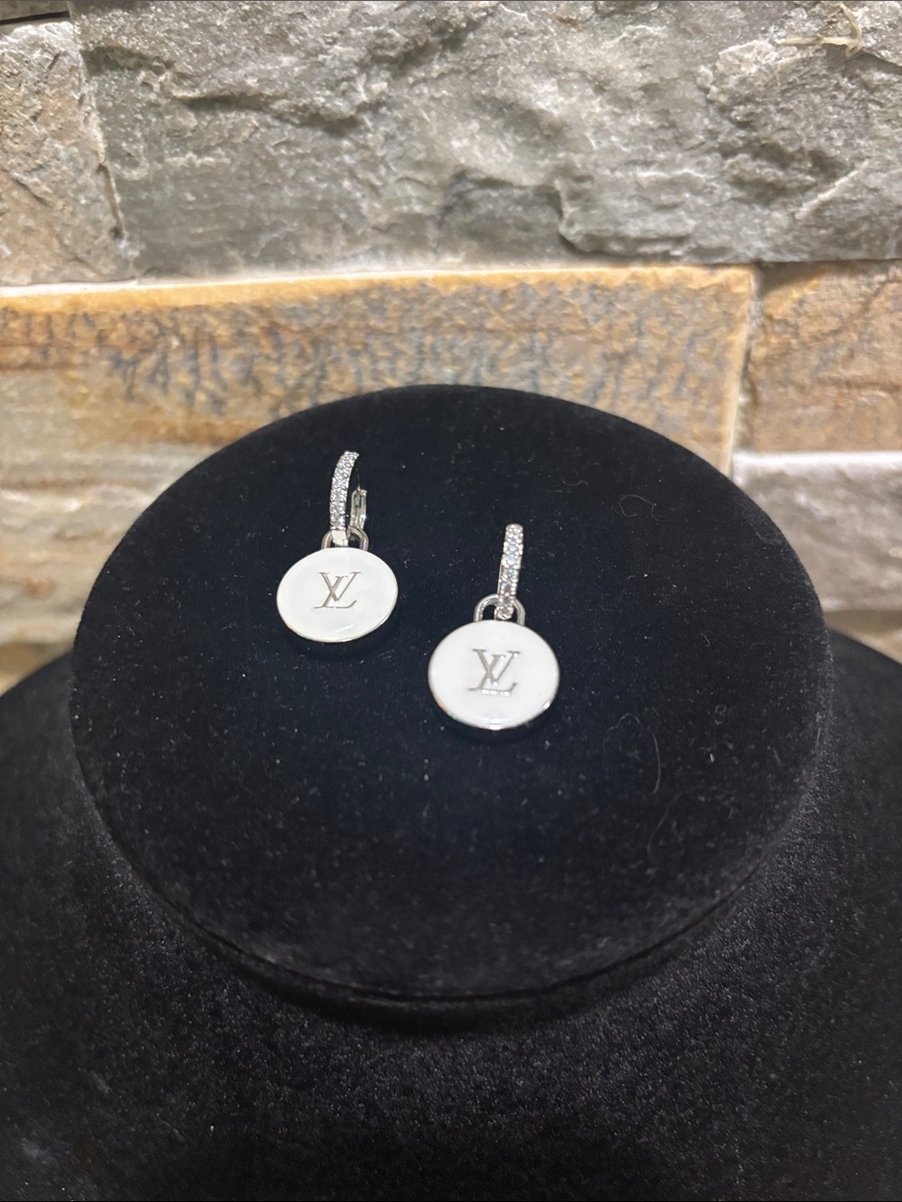 White Enamel LV Disc Drop Earrings with silver Pavé Hoops